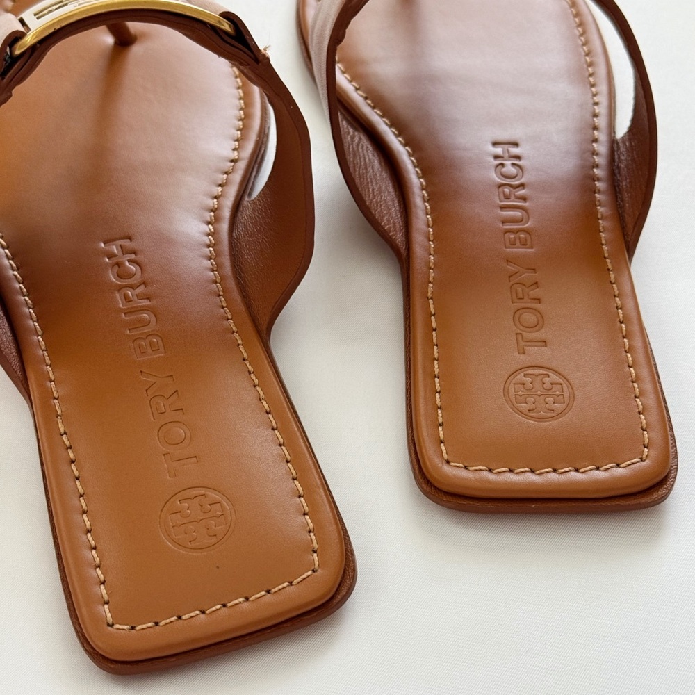 NWT Tory Burch Georgia Calf Leather Sandals, Aged Camello /Gold - Picture 8 of 16